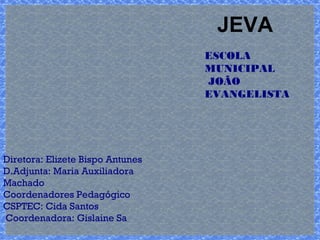 JEVA 
Diretora: Elizete Bispo Antunes 
D.Adjunta: Maria Auxiliadora 
Machado 
Coordenadores Pedagógico 
CSPTEC: Cida Santos 
Coordenadora: Gislaine Sa 
ESCOLA 
MUNICIPAL 
JOÃO 
EVANGELISTA 
 