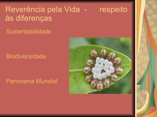 Reverência pela Vida  - respeito às diferenças <ul><li>Sustentabilidade </li></ul><ul><li>Biodiversidade </li></ul><ul><li...