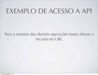 EXEMPLO DE ACESSO A API
Para a maioria das demais operações basta alterar o
recurso na URL

 