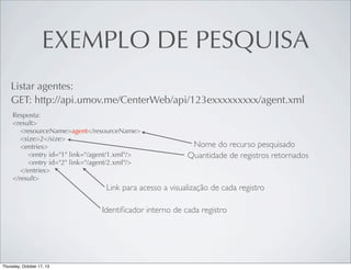 EXEMPLO DE PESQUISA
Listar agentes:
GET: http://api.umov.me/CenterWeb/api/123exxxxxxxxx/agent.xml
Resposta:
<result>
<resourceName>agent</resourceName>
<size>2</size>
<entries>
<entry id="1" link="/agent/1.xml"/>
<entry id="2" link="/agent/2.xml"/>
</entries>
</result>

Nome do recurso pesquisado
Quantidade de registros retornados

Link para acesso a visualização de cada registro
Identiﬁcador interno de cada registro

 