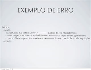 EXEMPLO DE ERRO
Retorno:
<result>
<statusCode>400</statusCode>
Código de erro http retornado
<errors>login: error.mandatory.ﬁeld</errors>
Campo e mensagem de erro
<resourceName>agent</resourceName>
Recurso manipulado pela requisição
</result>

 