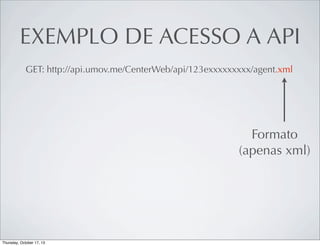 EXEMPLO DE ACESSO A API
GET: http://api.umov.me/CenterWeb/api/123exxxxxxxxx/agent.xml

Formato
(apenas xml)

 