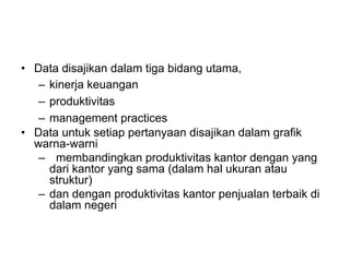 • Data disajikan dalam tiga bidang utama,
– kinerja keuangan
– produktivitas
– management practices
• Data untuk setiap pertanyaan disajikan dalam grafik
warna-warni
– membandingkan produktivitas kantor dengan yang
dari kantor yang sama (dalam hal ukuran atau
struktur)
– dan dengan produktivitas kantor penjualan terbaik di
dalam negeri
 