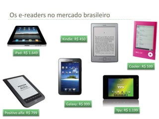 Os e-readers no mercado brasileiro


                        Kindle: R$ 450


      iPad: R$ 1.649


                                                  Cooler: R$ 599




                          Galaxy: R$ 999
                                           Ypy: R$ 1.199
Positivo alfa: R$ 799
 