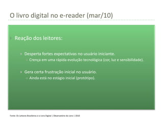 O livro digital no e-reader (mar/10)


    Reação dos leitores:

               Desperta fortes expectativas no usuário iniciante.
                    Crença em uma rápida evolução tecnológica (cor, luz e sensibilidade).


               Gera certa frustração inicial no usuário.
                    Ainda está no estágio inicial (protótipo).




Fonte: Os Leitores Brasileiros e o Livro Digital | Observatório do Livro | 2010
 