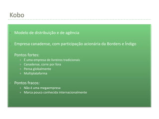 Kobo

   Modelo de distribuição e de agência

   Empresa canadense, com participação acionária da Borders e Índigo

   Pontos fortes:
          É uma empresa de livreiros tradicionais
          Canadense, corre por fora
          Pensa globalmente
          Multiplataforma

   Pontos fracos:
          Não é uma megaempresa
          Marca pouco conhecida internacionalmente
 