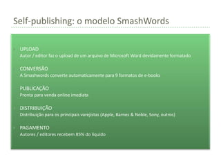 Self-publishing: o modelo SmashWords

   UPLOAD
    Autor / editor faz o upload de um arquivo de Microsoft Word devidamente formatado

   CONVERSÃO
    A Smashwords converte automaticamente para 9 formatos de e-books

   PUBLICAÇÃO
    Pronta para venda online imediata

   DISTRIBUIÇÃO
    Distribuição para os principais varejistas (Apple, Barnes & Noble, Sony, outros)

   PAGAMENTO
    Autores / editores recebem 85% do líquido
 