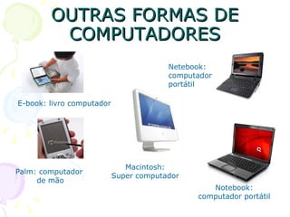 OUTRAS FORMAS DE COMPUTADORES E-book: livro computador Palm: computador  de mão Netebook:  computador  portátil Notebook:  computador portátil  Macintosh: Super computador 