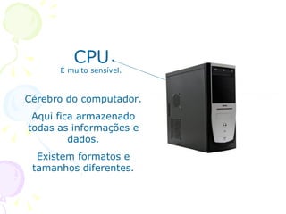 CPU Cérebro do computador. Aqui fica armazenado todas as informações e dados. Existem formatos e tamanhos diferentes. É muito sensível. 
