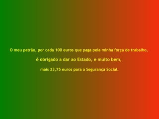 O meu patrão, por cada 100 euros que paga pela minha força de trabalho,  é obrigado a dar ao Estado, e muito bem,  mais 23,75 euros para a Segurança Social. 