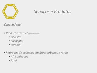 Serviços e Produtos
• Produção de mel (Africanizadas)
• Silvestre
• Eucalipto
• Laranja
• Retiradas de colméias em áreas urbanas e rurais
• Africanizadas
• Jataí
Cenário Atual
 