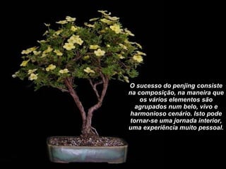 O sucesso do penjing consiste na composição, na maneira que os vários elementos são agrupados num belo, vivo e harmonioso cenário. Isto pode tornar-se uma jornada interior, uma experiência muito pessoal. 