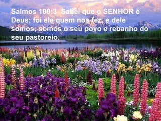 Salmos 100:3  Sabei que o SENHOR é Deus; foi ele quem nos fez, e dele somos; somos o seu povo e rebanho do seu pastoreio. 