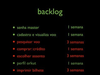 backlog
• senha master               1 semana

• cadastro e visualiza voo   1 semana

• pesquisar voo              3 semanas
• comprar: crédito           1 semana
• escolher assento           3 semanas

• perﬁl orkut                1 semana
• imprimir bilhete           3 semanas
 