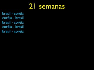 21 semanas
brasil - coréia
coréia - brasil
brasil - coréia
coréia - brasil
brasil - coréia
 