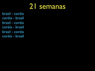 21 semanas
brasil - coréia
coréia - brasil
brasil - coréia
coréia - brasil
brasil - coréia
coréia - brasil
 