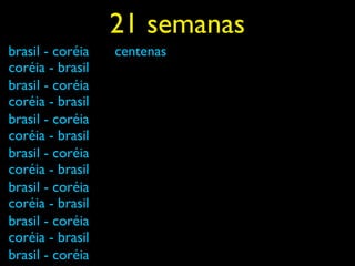 21 semanas
brasil - coréia   centenas
coréia - brasil
brasil - coréia
coréia - brasil
brasil - coréia
coréia - brasil
brasil - coréia
coréia - brasil
brasil - coréia
coréia - brasil
brasil - coréia
coréia - brasil
brasil - coréia
 