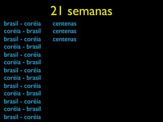 21 semanas
brasil - coréia   centenas
coréia - brasil   centenas
brasil - coréia   centenas
coréia - brasil
brasil - coréia
coréia - brasil
brasil - coréia
coréia - brasil
brasil - coréia
coréia - brasil
brasil - coréia
coréia - brasil
brasil - coréia
 