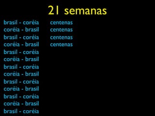 21 semanas
brasil - coréia   centenas
coréia - brasil   centenas
brasil - coréia   centenas
coréia - brasil   centenas
brasil - coréia
coréia - brasil
brasil - coréia
coréia - brasil
brasil - coréia
coréia - brasil
brasil - coréia
coréia - brasil
brasil - coréia
 