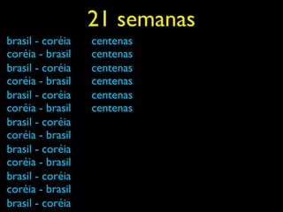 21 semanas
brasil - coréia   centenas
coréia - brasil   centenas
brasil - coréia   centenas
coréia - brasil   centenas
brasil - coréia   centenas
coréia - brasil   centenas
brasil - coréia
coréia - brasil
brasil - coréia
coréia - brasil
brasil - coréia
coréia - brasil
brasil - coréia
 