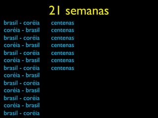 21 semanas
brasil - coréia   centenas
coréia - brasil   centenas
brasil - coréia   centenas
coréia - brasil   centenas
brasil - coréia   centenas
coréia - brasil   centenas
brasil - coréia   centenas
coréia - brasil
brasil - coréia
coréia - brasil
brasil - coréia
coréia - brasil
brasil - coréia
 