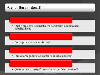 A escolha do desafio


  • Qual o problema de amanhã em que preciso de começar a
    trabalhar hoje?



  • Que aspectos devo transformar?



  • Que valores gostaria de manter ou institucionalizar?



  • Quais os “não consigo” a transformar em “sim consigo”?
                              O Futuro da Gestão             3
 