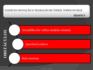 FAZER DA INOVAÇÃO O TRABALHO DE TODOS, TODOS OS DIAS
                                                     DESAFIO II




              Armadilha dos velhos modelos mentais
OBSTÁCULOS




                Apartheid criativo



              Sem excessos


                             O Futuro da Gestão                   7
 