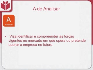 A de Analisar




• Visa identificar e compreender as forças
  vigentes no mercado em que opera ou pretende
  operar a empresa no futuro.
 