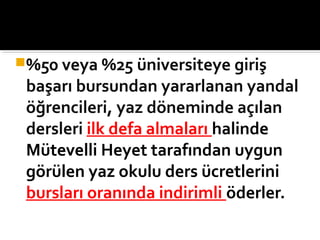 %50 veya %25 üniversiteye giriş
başarı bursundan yararlanan yandal
öğrencileri, yaz döneminde açılan
dersleri ilk defa almaları halinde
Mütevelli Heyet tarafından uygun
görülen yaz okulu ders ücretlerini
bursları oranında indirimli öderler.
 