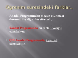  Anadal Programından mezun olunması
durumunda öğrenim süreleri ;
 Yandal Programında en fazla 1 yarıyıl
uzatılırken
 Çift Anadal Programında, 2 yarıyıl
uzatılabilir.
 