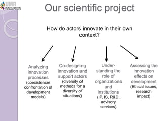 Innovation in the farming systems: presentation of some research conducted by the Research Unit Innovation and Development in Agriculture and Food from CIRAD