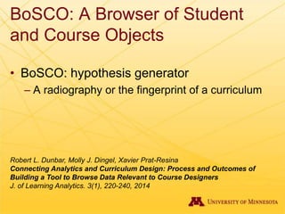 BoSCO: A Browser of Student
and Course Objects
• BoSCO: hypothesis generator
– A radiography or the fingerprint of a curriculum
Robert L. Dunbar, Molly J. Dingel, Xavier Prat-Resina
Connecting Analytics and Curriculum Design: Process and Outcomes of
Building a Tool to Browse Data Relevant to Course Designers
J. of Learning Analytics. 3(1), 220-240, 2014
 