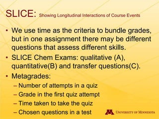 SLICE: Showing Longitudinal Interactions of Course Events
• We use time as the criteria to bundle grades,
but in one assignment there may be different
questions that assess different skills.
• SLICE Chem Exams: qualitative (A),
quantitative(B) and transfer questions(C).
• Metagrades:
– Number of attempts in a quiz
– Grade in the first quiz attempt
– Time taken to take the quiz
– Chosen questions in a test
 
