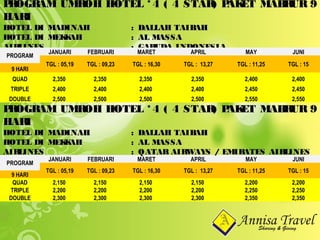 PROGRAM UMROH HOTEL * 4 ( 4 STAR) PAKET MABRUR 9PROGRAM UMROH HOTEL * 4 ( 4 STAR) PAKET MABRUR 9
HARIHARI
HOTEL DI MADINAHHOTEL DI MADINAH : DALLAH TAIBAH: DALLAH TAIBAH
HOTEL DI MEKKAHHOTEL DI MEKKAH : AL MASSA: AL MASSA
AIRLINESAIRLINES : GARUDA INDONESIA: GARUDA INDONESIA
PROGRAM
JANUARI FEBRUARI MARET APRIL MAY JUNI
TGL : 05,19 TGL : 09,23 TGL : 16,30 TGL : 13,27 TGL : 11,25 TGL : 15
9 HARI
QUAD 2,350 2,350 2,350 2,350 2,400 2,400
TRIPLE 2,400 2,400 2,400 2,400 2,450 2,450
DOUBLE 2,500 2,500 2,500 2,500 2,550 2,550
PROGRAM
JANUARI FEBRUARI MARET APRIL MAY JUNI
TGL : 05,19 TGL : 09,23 TGL : 16,30 TGL : 13,27 TGL : 11,25 TGL : 15
9 HARI
QUAD 2,150 2,150 2,150 2,150 2,200 2,200
TRIPLE 2,200 2,200 2,200 2,200 2,250 2,250
DOUBLE 2,300 2,300 2,300 2,300 2,350 2,350
PROGRAM UMROH HOTEL * 4 ( 4 STAR) PAKET MABRUR 9PROGRAM UMROH HOTEL * 4 ( 4 STAR) PAKET MABRUR 9
HARIHARI
HOTEL DI MADINAHHOTEL DI MADINAH : DALLAH TAIBAH: DALLAH TAIBAH
HOTEL DI MEKKAHHOTEL DI MEKKAH : AL MASSA: AL MASSA
AIRLINESAIRLINES : QATAR AIRWAYS / EMIRATES AIRLINES: QATAR AIRWAYS / EMIRATES AIRLINES
 