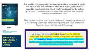 The world’s citizens need to understand what the impact of AI might
be, what AI can and cannot do, when AI is useful, when its use
should be questioned, and how it might be steered for the public
good (UNESCO International Forum on AI and the Futures of Education under the theme of
Developing Competencies for the AI Era).
This requires everyone to achieve some level of competency with regard
to AI, including knowledge, understanding, skills, and value orientation.
Together, these might be called ‘AI literacy’.
Source:
https://unesdoc.unesco.org/ark:/
48223/pf0000380602
2022
AI literacy comprises both data literacy, or the ability to
understand how AI collects, cleans, manipulates, and analyses
data; and algorithm literacy, or the ability to understand how AI
algorithms find patterns and connections in the data, which might
be used for human-machine interactions.
AI Literacy =
Data Literacy +
Algorithm
Literacy
17
 