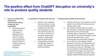 The positive effect from ChatGPT disruption on university’s
role to produce quality students
1. Focus on ability of the
students to
communicate clearly,
coherently and
confidently
a. stop hiding behind
lengthy reports
with pages of
appendices and
truly think about
how to condense
and articulate their
report’s content in
a dialogue that can
evolve their
thoughts.
2. Importance of experiential learning
a. Switch to “live” problems
that are evolving in class,
and stop feeding students
problems from the past.
b. learning happens in real
time with the assistance
of AI. We must focus on
providing students with
hands-on, experiential
learning opportunities.
c. Assessments should be
increasingly based on
creation, like producing
practical artefacts.
3. Assessing the quality of the process
a. students will have to work together, but this
doesn't mean merely forming groups and
splitting up the work.
b. how students interact with one another.
Are they able to collaborate effectively and
efficiently? Do they demonstrate
professionalism, maturity and respect for
one another? Have they developed a set of
protocols that allow them to work
harmoniously and productively together?
c. As we shift to a more dialogue-based
approach to learning, the assessment will
be about the quality of the process rather
than simply the outcome. Ultimately, it is
time for students to demonstrate that they
can apply the principles upon which our
cultures and civilisations are built: to work
together despite differences and diversity
Src: https://newsroom.unsw.edu.au/news/business-law/charting-new-course-university-
education-age-chatgpt?fbclid=IwAR1_bVk5BlUWo4Fr69-
5w3wHnTeqexbuJ5oxRu0m0SLLMjnc7b2ecgIrqVc_aem_ARIuRjvCTjuC1PnjOdExO3nNFIvy
3LneMCkk-icBjW9cowCFjegFWiE_X0weKw36Qb-
GUo8fUg4lCgyw70n3cdLULJrccwVVtP7d1mtZf5MM0BSFRwICpJYukl_nb_Vbf20
 
