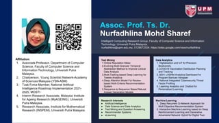 Assoc. Prof. Ts. Dr.
Nurfadhlina Mohd Sharef
Intelligent Computing Research Group, Faculty of Computer Science and Information
Technology, Universiti Putra Malaysia.
nurfadhlina@upm.edu.my, 0126672504, https://sites.google.com/view/nurfadhlina
Affiliation:
1. Associate Professor, Department of Computer
Science, Faculty of Computer Science and
Information Technology, Universiti Putra
Malaysia.
2. Chairperson, Young Scientist Network-Academy
of Sciences Malaysia (YSN-ASM)
3. Task Force Member, National Artificial
Intelligence Roadmap Implementation 2021-
2025, MOSTI
4. Interim Research Associate, Malaysia Institute
for Ageing Research (MyAGEING), Universiti
Putra Malaysia.
5. Research Associate, Institute for Mathematical
Research (INSPEM), Universiti Putra Malaysia.
Data Analytics
1. Digitalisation and IoT for Precision
Biodiversity
2.COVID19 Vaccination Distribution Planning
and Tracking
3. BSH- LHDNM Analytics Dashboard for
Program Bantuan Kerajaan
4. National Integrated Cybersecurity Threat
Factor Profiling
5. Learning Analytics and Chatbot for
Personalized Learning
Machine Learning
1. Deep Recurrent Q-Network Approach for
Multi Objective Recommendation System
2. Interactive Machine Learning based on Deep
Reinforcement Learning and Generative
Adversarial Network Hybrid for Digital Twin
Research Interests
● Artificial Intelligence
● Data Science and Data Analytics
● Text Mining and Question Answering
● Recommender Systems
● eLearning
Text Mining
1.Online Reputation Meter
2.Evolving Multi-Granular Temporal
Abstraction Method to Improve Clinical
Data Analysis
3.Multi-Tasking based Deep Learning for
Tweets Analytics
4.Deep Attention Model For Review-
based Multi-Criteria Recommendation
System
5.Sequence-to-Sequence Based Natural
Answer Generation Models
 