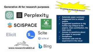 Generative AI for research purposes
✓ Automate paper summary
✓ Suggested link to related
papers
✓ Suggested questions to dig
further (eg critique to the
papers, main contribution, the
data used)
✓ Answer to questions about
the paper in seconds!
✓ Paraphrase
✓ Generate code and do
experiment in the cloud
 