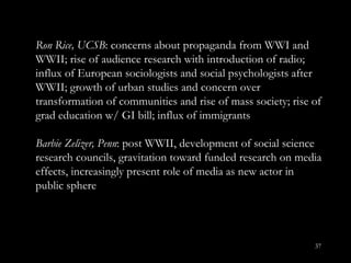 Ron Rice, UCSB : concerns about propaganda from WWI and WWII; rise of audience research with introduction of radio; influx of European sociologists and social psychologists after WWII; growth of urban studies and concern over transformation of communities and rise of mass society; rise of grad education w/ GI bill; influx of immigrants Barbie Zelizer, Penn : post WWII, development of social science research councils, gravitation toward funded research on media effects, increasingly present role of media as new actor in public sphere  