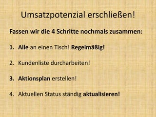 Fassen wir die 4 Schritte nochmals zusammen:
1. Alle an einen Tisch! Regelmäßig!
2. Kundenliste durcharbeiten!
3. Aktionsplan erstellen!
4. Aktuellen Status ständig aktualisieren!
Umsatzpotenzial erschließen!
 