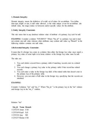 1. Domain Integrity-
Domain integrity means the definition of a valid set of values for an attribute. You define
data type, length or size, is null value allowed , is the value unique or not for an attribute ,the
default value, the range (values in between) and/or specific values for the attribute.
2. Entity Integrity Constraint-
This rule states that in any database relation value of attribute of a primary key can't be null.
EXAMPLE- Consider a relation "STUDENT" Where "Stu_id" is a primary key and it must
not contain any null value whereas other attributes may contain null value e.g "Branch" in the
following relation contains one null value.
3.Referential Integrity Constraint-
It states that if a foreign key exists in a relation then either the foreign key value must match a
primary key value of some tuple in its home relation or the foreign key value must be null.
The rules are:
1. You can't delete a record from a primary table if matching records exist in a related
table.
2. You can't change a primary key value in the primary table if that record has related
records.
3. You can't enter a value in the foreign key field of the related table that doesn't exist in
the primary key of the primary table.
4. However, you can enter a Null value in the foreign key, specifying that the records are
unrelated.
EXAMPLE-
Consider 2 relations "stu" and "stu_1" Where "Stu_id " is the primary key in the "stu" relation
and foreign key in the "stu_1" relation.
Relation "stu"
Stu_id Name Branch
11255234 Aman CSE
11255369 Kapil EcE
11255324 Ajay ME
11255237 Raman CSE
 