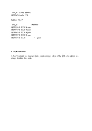Stu_id Name Branch
11255678 Aastha ECE
Relation "stu_1"
Stu_id Duration
11255234 B TECH 4 years
11255369 B TECH 4 years
11255324 B TECH 4 years
11255237 B TECH 4 years
11255678 B TECH 4 years
4.Key Constraints-
A Key Constraint is a statement that a certain minimal subset of the fields of a relation is a
unique identifier for a tuple.
 