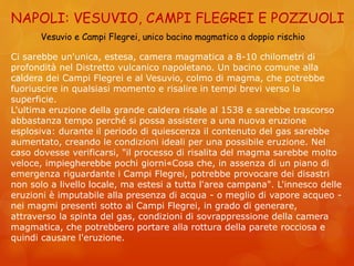 NAPOLI: VESUVIO, CAMPI FLEGREI E POZZUOLI
Vesuvio e Campi Flegrei, unico bacino magmatico a doppio rischio
Ci sarebbe un'unica, estesa, camera magmatica a 8-10 chilometri di
profondità nel Distretto vulcanico napoletano. Un bacino comune alla
caldera dei Campi Flegrei e al Vesuvio, colmo di magma, che potrebbe
fuoriuscire in qualsiasi momento e risalire in tempi brevi verso la
superficie.
L'ultima eruzione della grande caldera risale al 1538 e sarebbe trascorso
abbastanza tempo perché si possa assistere a una nuova eruzione
esplosiva: durante il periodo di quiescenza il contenuto del gas sarebbe
aumentato, creando le condizioni ideali per una possibile eruzione. Nel
caso dovesse verificarsi, "il processo di risalita del magma sarebbe molto
veloce, impiegherebbe pochi giorni«Cosa che, in assenza di un piano di
emergenza riguardante i Campi Flegrei, potrebbe provocare dei disastri
non solo a livello locale, ma estesi a tutta l'area campana". L'innesco delle
eruzioni è imputabile alla presenza di acqua - o meglio di vapore acqueo -
nei magmi presenti sotto ai Campi Flegrei, in grado di generare,
attraverso la spinta del gas, condizioni di sovrappressione della camera
magmatica, che potrebbero portare alla rottura della parete rocciosa e
quindi causare l'eruzione.
 
