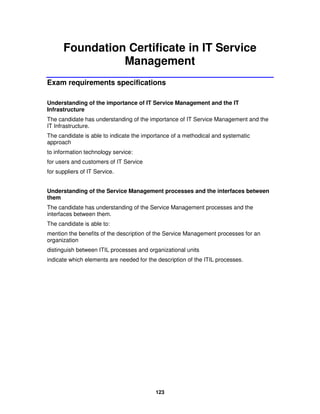 Foundation Certificate in IT Service
                Management
Exam requirements specifications

Understanding of the importance of IT Service Management and the IT
Infrastructure
The candidate has understanding of the importance of IT Service Management and the
IT Infrastructure.
The candidate is able to indicate the importance of a methodical and systematic
approach
to information technology service:
for users and customers of IT Service
for suppliers of IT Service.


Understanding of the Service Management processes and the interfaces between
them
The candidate has understanding of the Service Management processes and the
interfaces between them.
The candidate is able to:
mention the benefits of the description of the Service Management processes for an
organization
distinguish between ITIL processes and organizational units
indicate which elements are needed for the description of the ITIL processes.




                                          123
 
