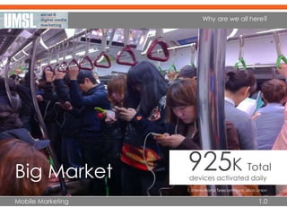Mobile Marketing 1.0
925K Total
devices activated daily
Why are we all here?
Big Market
1. International Telecommunication Union
 