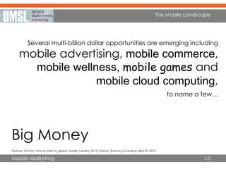 Mobile Marketing
The Mobile Landscape
Several multi-billion dollar opportunities are emerging including
mobile advertising, mobile commerce,
mobile wellness, mobile games and
mobile cloud computing,
to name a few…
1.0
Big Money
Sharma, Chetan, Annual state of_global_mobile_industry_2012_Chetan_Sharma_Consulting. April 29, 2012
 
