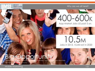 Mobile Marketing 1.0
Why are we all here?
Big Opportunity
400-600K
App Market Jobs US past 5 yrs
“Small Businesses Dominate Mobile App Market,” Mashable, July 24, 2012. Business News Daily
10.5M
Jobs in 2013, 15.4M est in 2020
2014 GSMA, The Mobile Economy
 