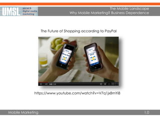 Mobile Marketing
The Mobile Landscape
Why Mobile Marketing? Business Dependence
1.0
https://www.youtube.com/watch?v=V7q1jx8mYi8
The Future of Shopping according to PayPal
 