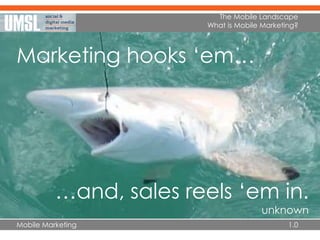 Mobile Marketing
The Mobile Landscape
What is Mobile Marketing?
1.0
…and, sales reels ‘em in.
unknown
Marketing hooks ‘em…
 