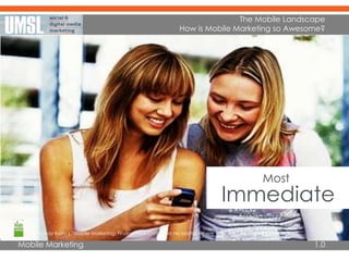 Mobile Marketing
The Mobile Landscape
How is Mobile Marketing so Awesome?
From Cindy Krum’s “Mobile Marketing: Finding Your Customers No Matter Where They Are,” Pearson Education, 2010
1.0
Most
Immediate
 